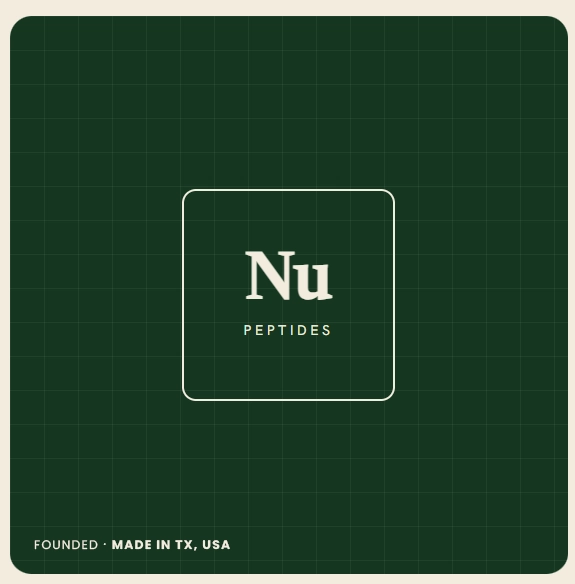 Nu Peptides logo centered on a dark green grid background with rounded corners; includes 'Founded • Made in TX, USA' text at the bottom left.